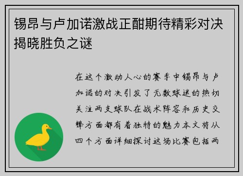 锡昂与卢加诺激战正酣期待精彩对决揭晓胜负之谜